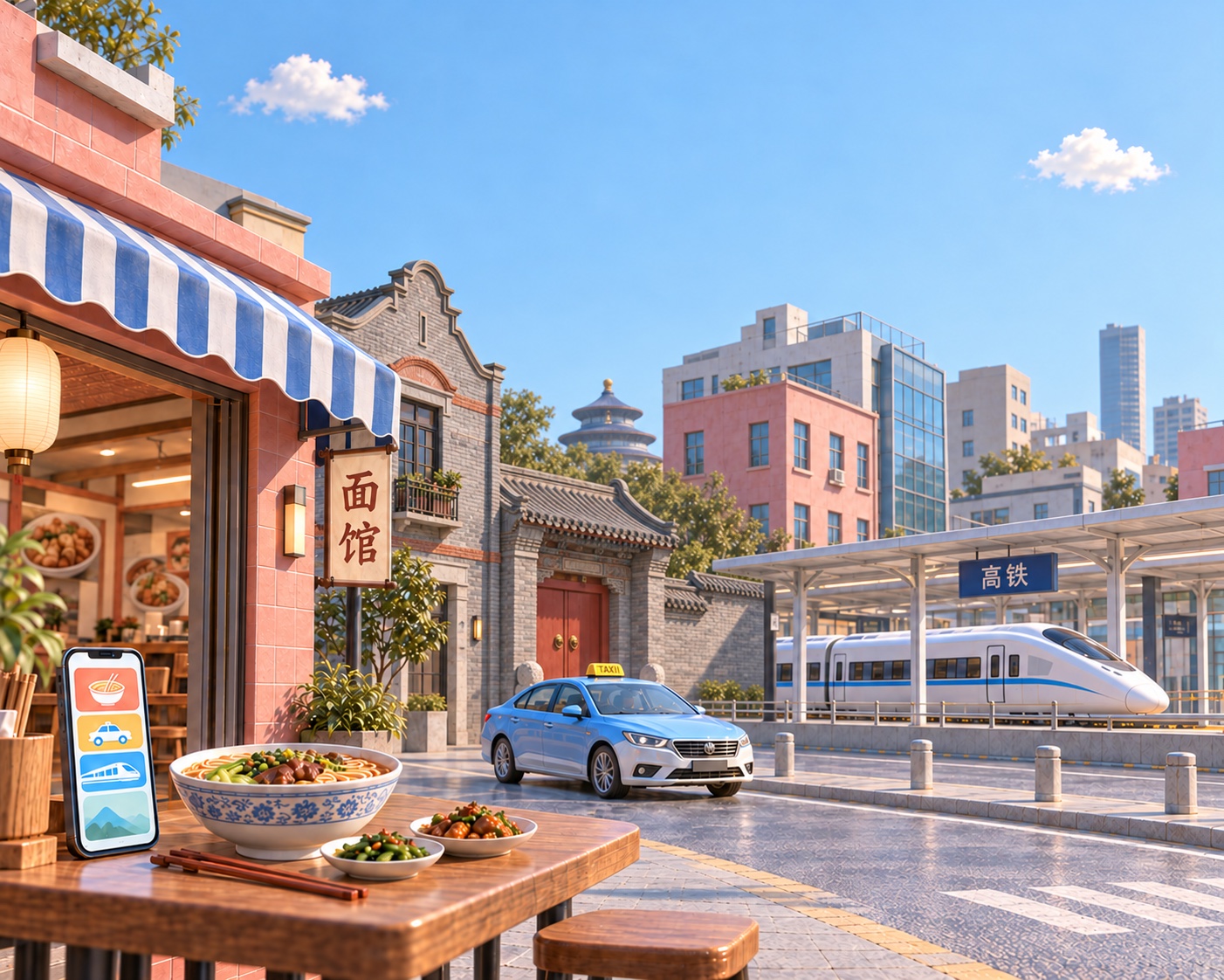 Dreamlike Chinese street combining Shanghai and Beijing, with a noodle bowl, practical phone reference, taxi and high-speed train.