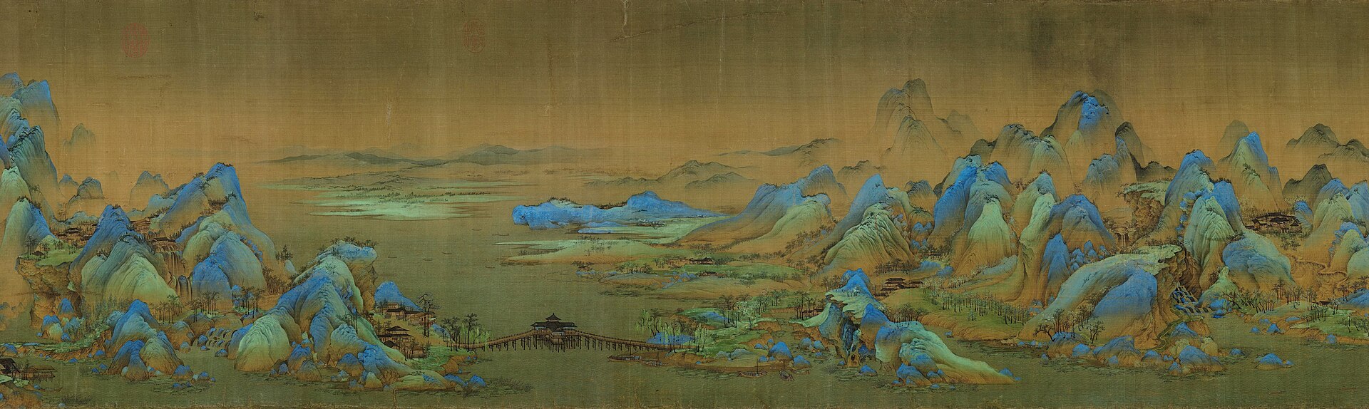 A blue-green mountain landscape from Wang Ximeng's A Thousand Li of Rivers and Mountains