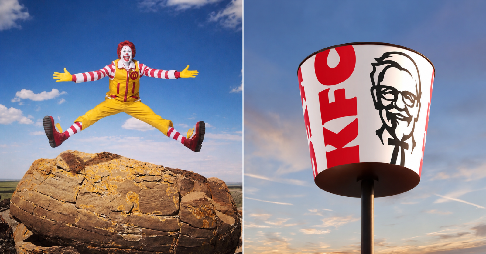 Split image showing Ronald McDonald jumping and a KFC bucket-shaped sign against blue skies