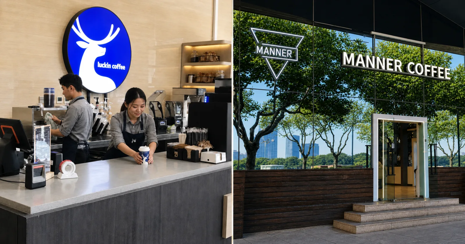 Luckin Coffee interior and MANNER COFFEE summer storefront shown side by side