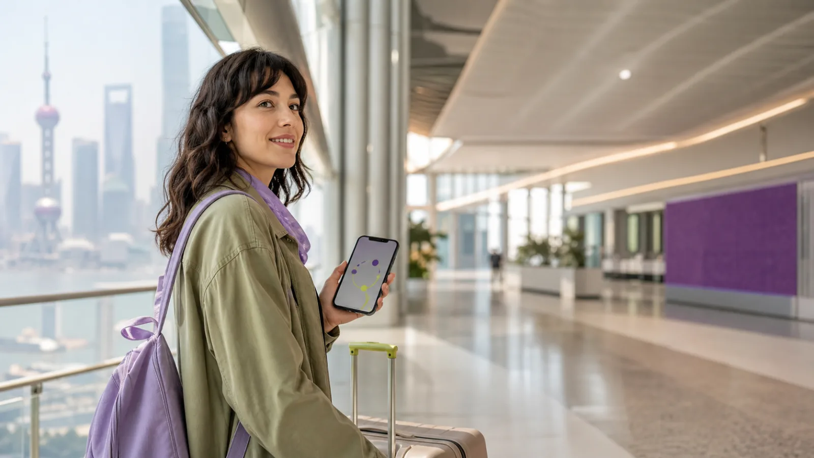 International traveler checking mobile connectivity on a smartphone after arriving in China