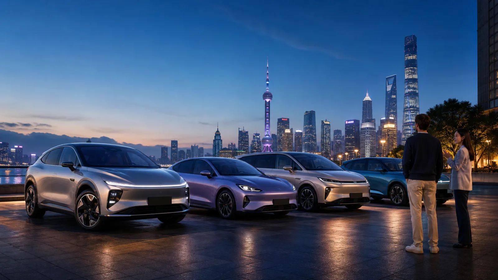 Chinese electric vehicles in Shanghai at blue hour