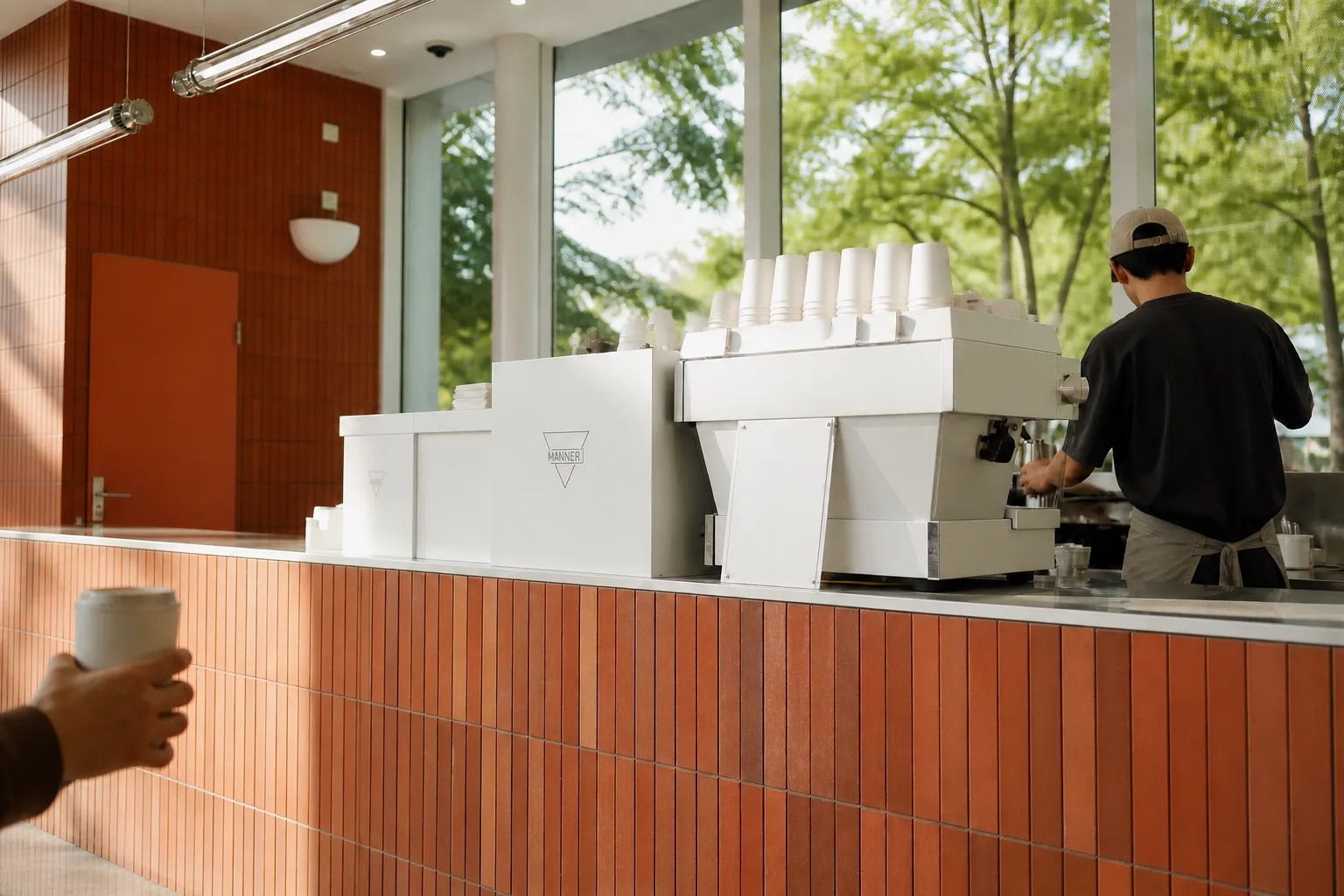 A customer holding a reusable tumbler at a MANNER coffee counter while a barista prepares coffee