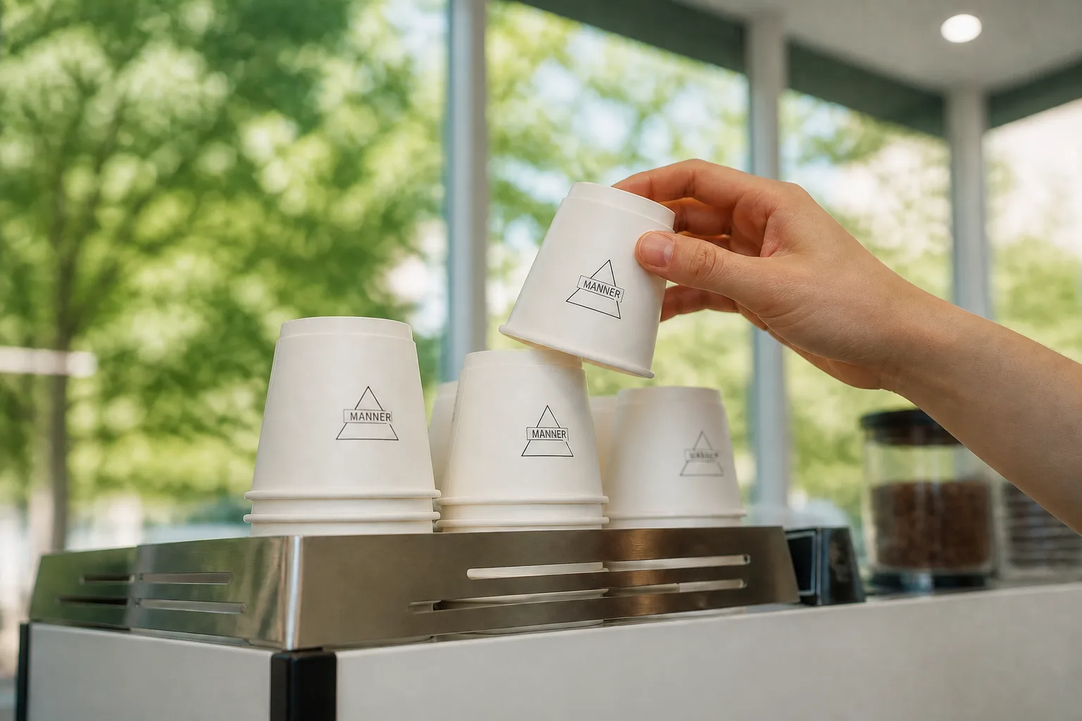 A barista hand lifting a MANNER paper cup beside an espresso machine