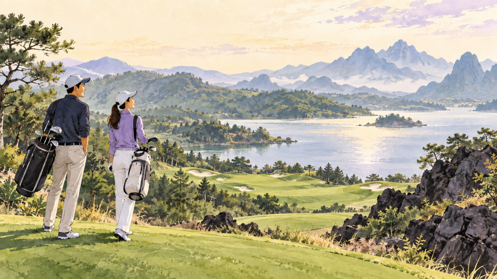 Conceptual watercolor illustration of two international golfers beside a lake and mountain fairway in China