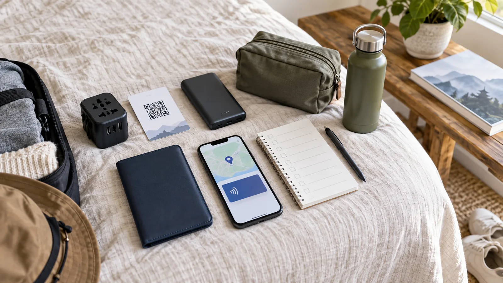 Power adapter, phone, battery pack, passport cover and checklist arranged for a first China trip