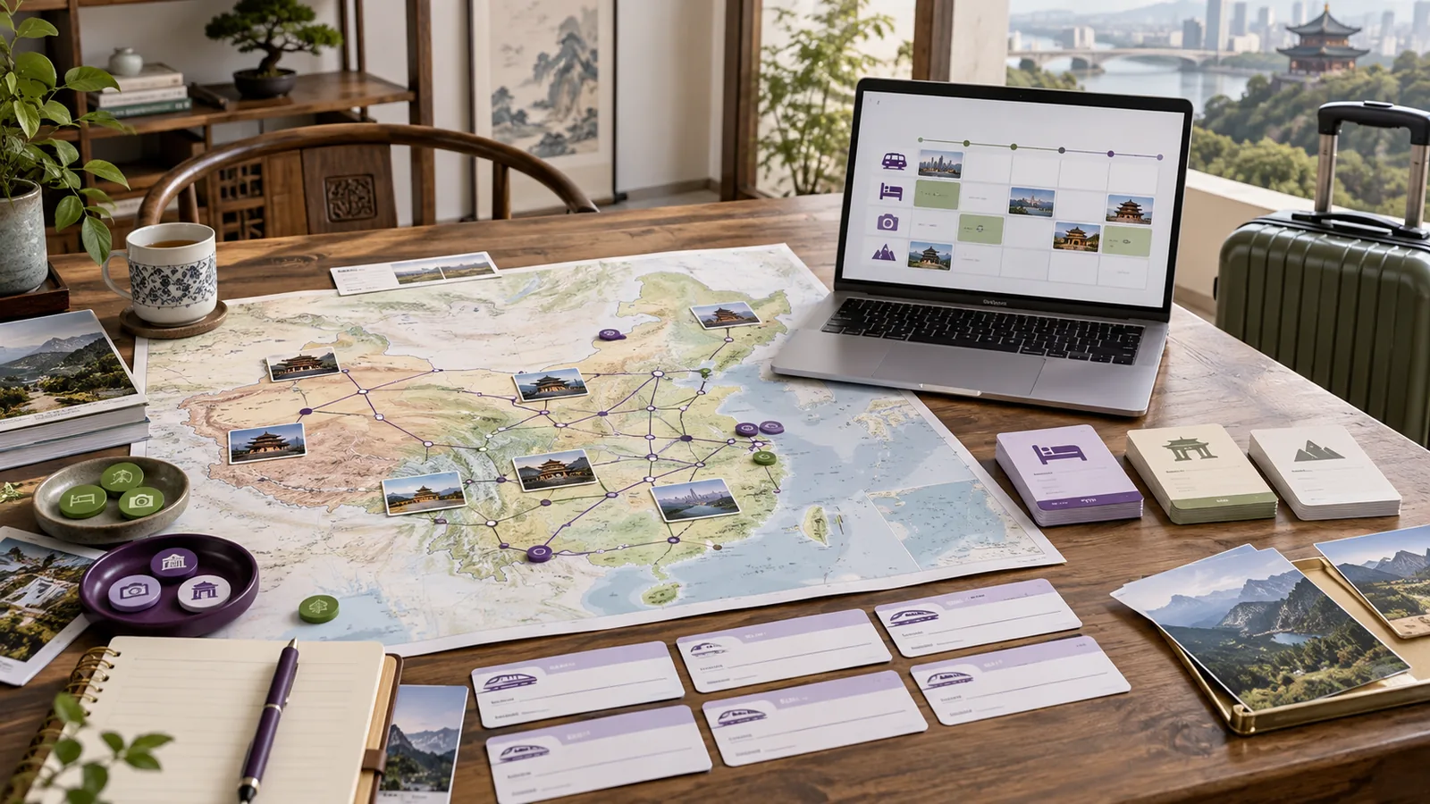 A detailed China route map, planning cards and itinerary laptop arranged on a wooden table