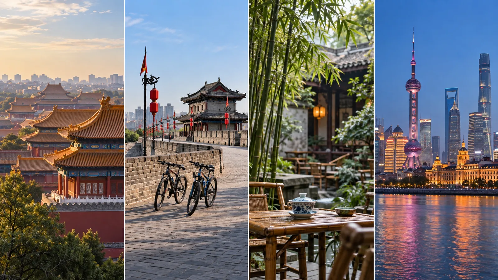 Four-panel view of Beijing roofs, Xi'an city wall, a Chengdu teahouse and the Shanghai skyline