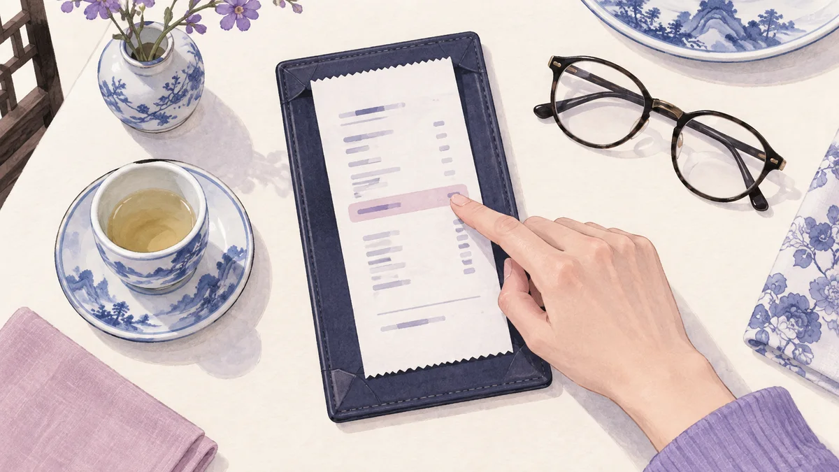 Illustration of a hand pointing to a highlighted line on a restaurant bill beside a teacup