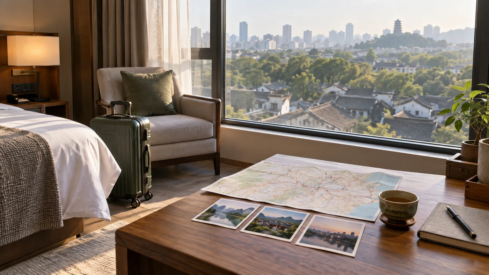 An unpacked suitcase and route map in a quiet Chinese hotel room overlooking tiled roofs