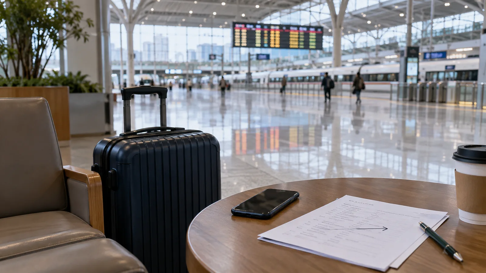 Suitcase, phone and marked itinerary on a table inside a modern Chinese high-speed rail station