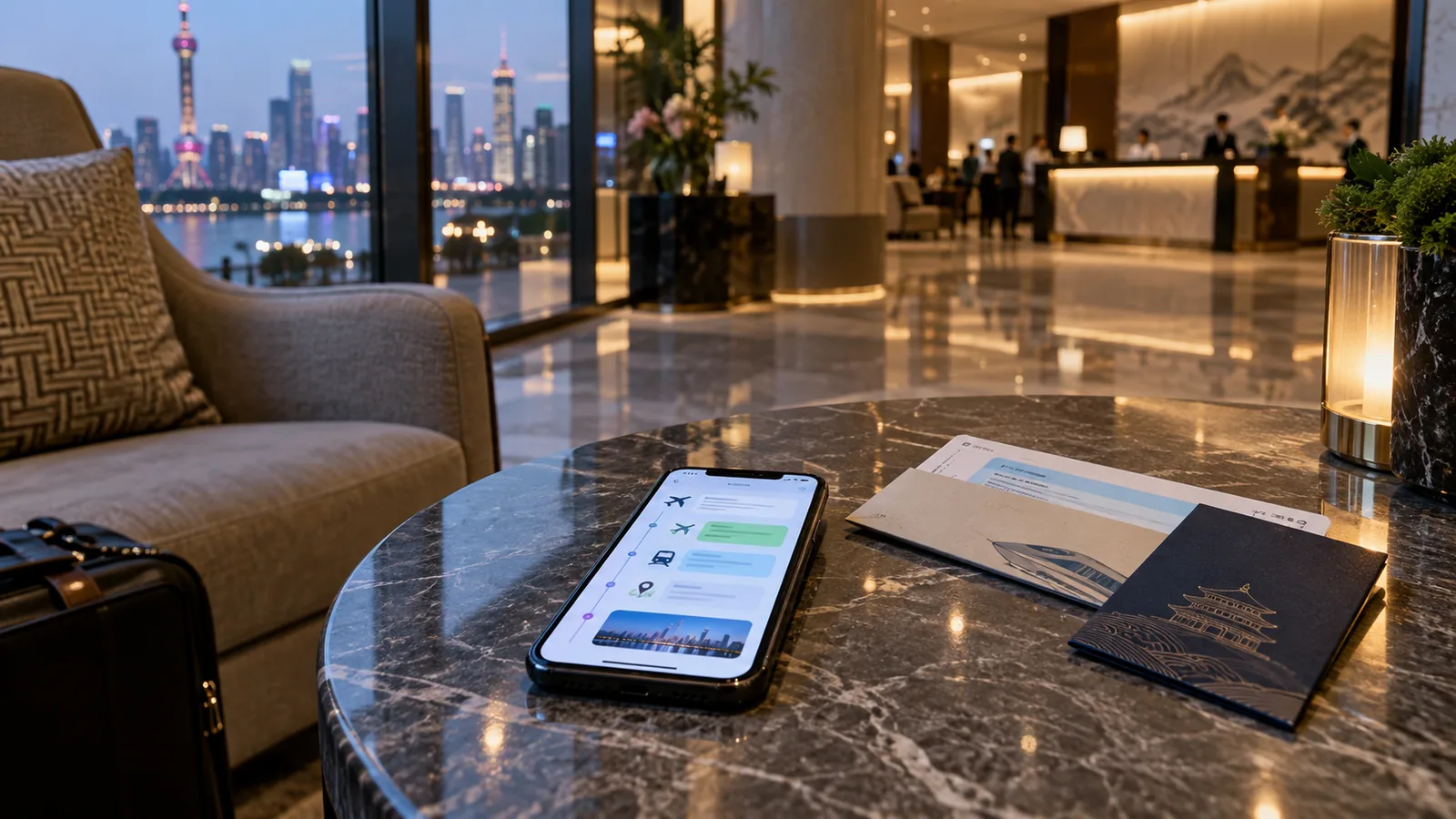Phone with an abstract trip-management screen beside travel documents in a Shanghai hotel lobby