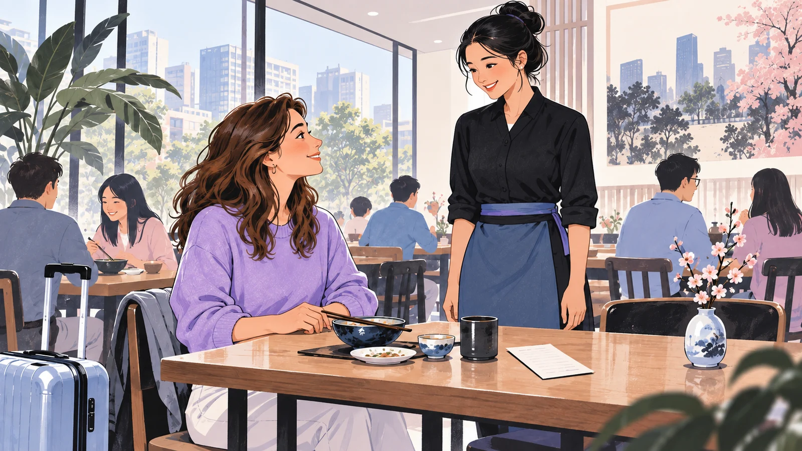Editorial illustration of a traveler and server sharing a relaxed conversation after a restaurant meal