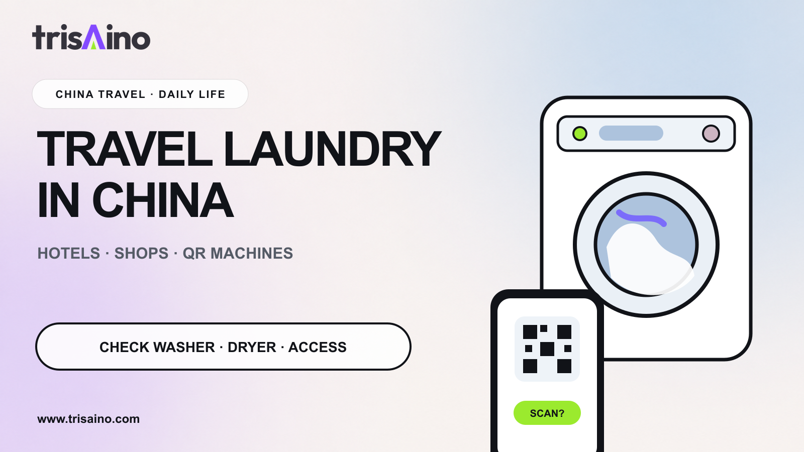 Washing machine, clothes and phone illustration for doing laundry while traveling in China