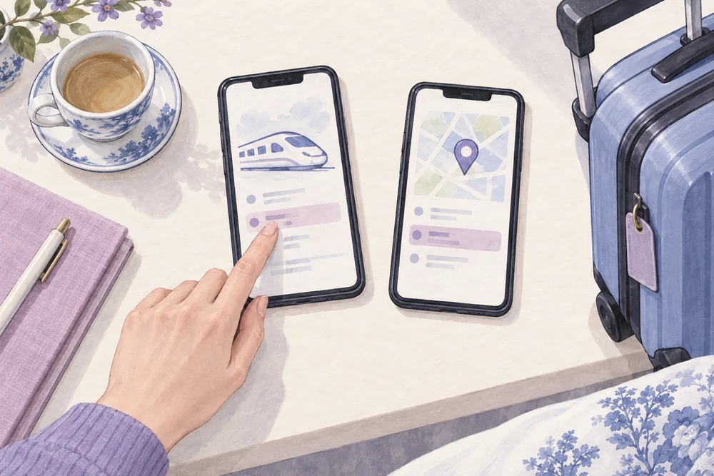 Two illustrated phones with highlighted lilac rows, a train symbol and a map pin, beside a suitcase