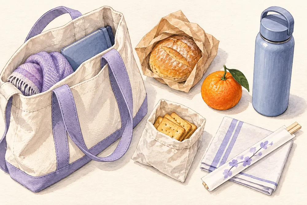 Illustrated tote bag with a bread roll, tangerine, crackers, reusable water bottle, napkin and chopsticks