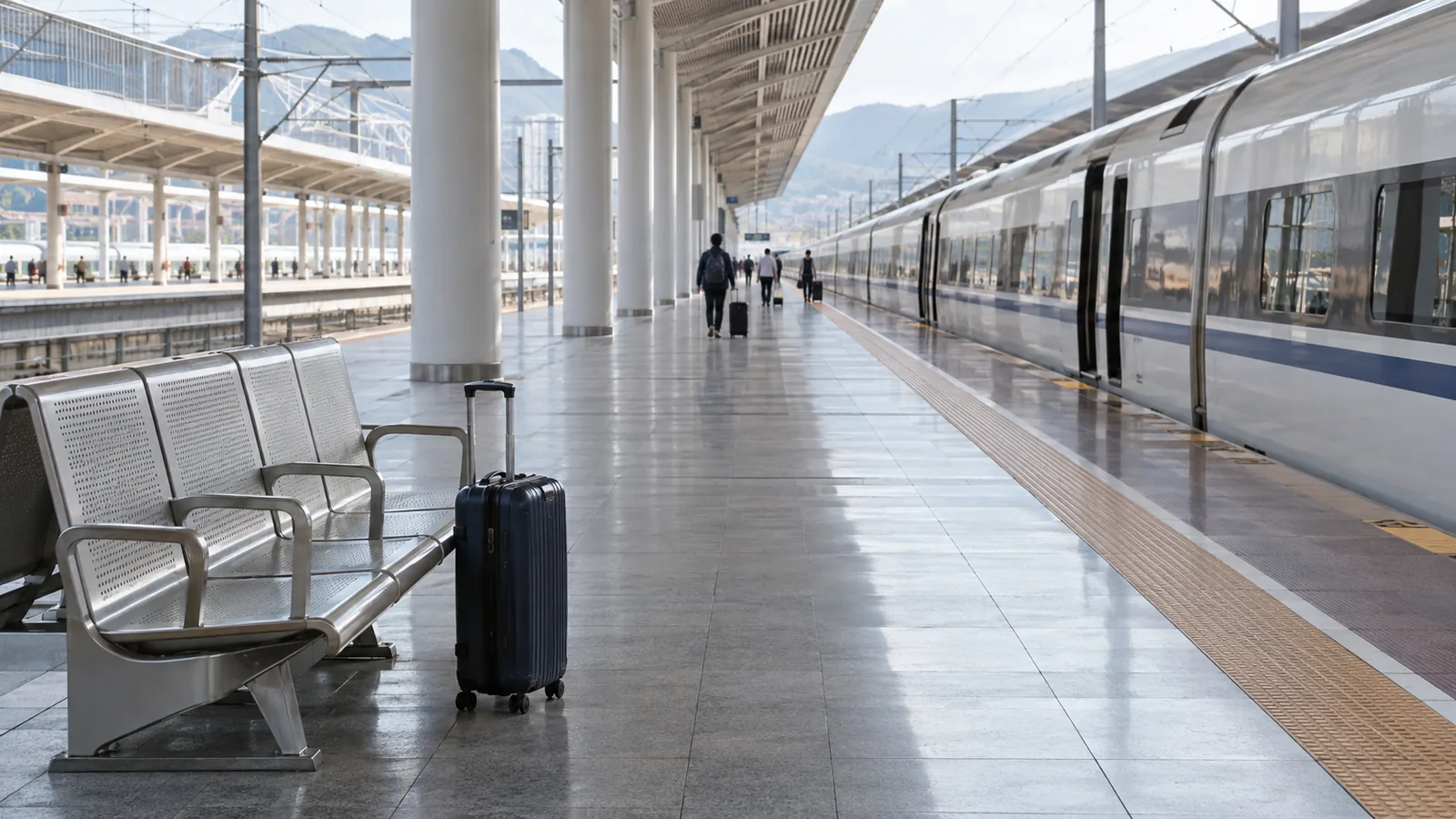 Suitcase beside an empty bench on a long Chinese high-speed rail platform