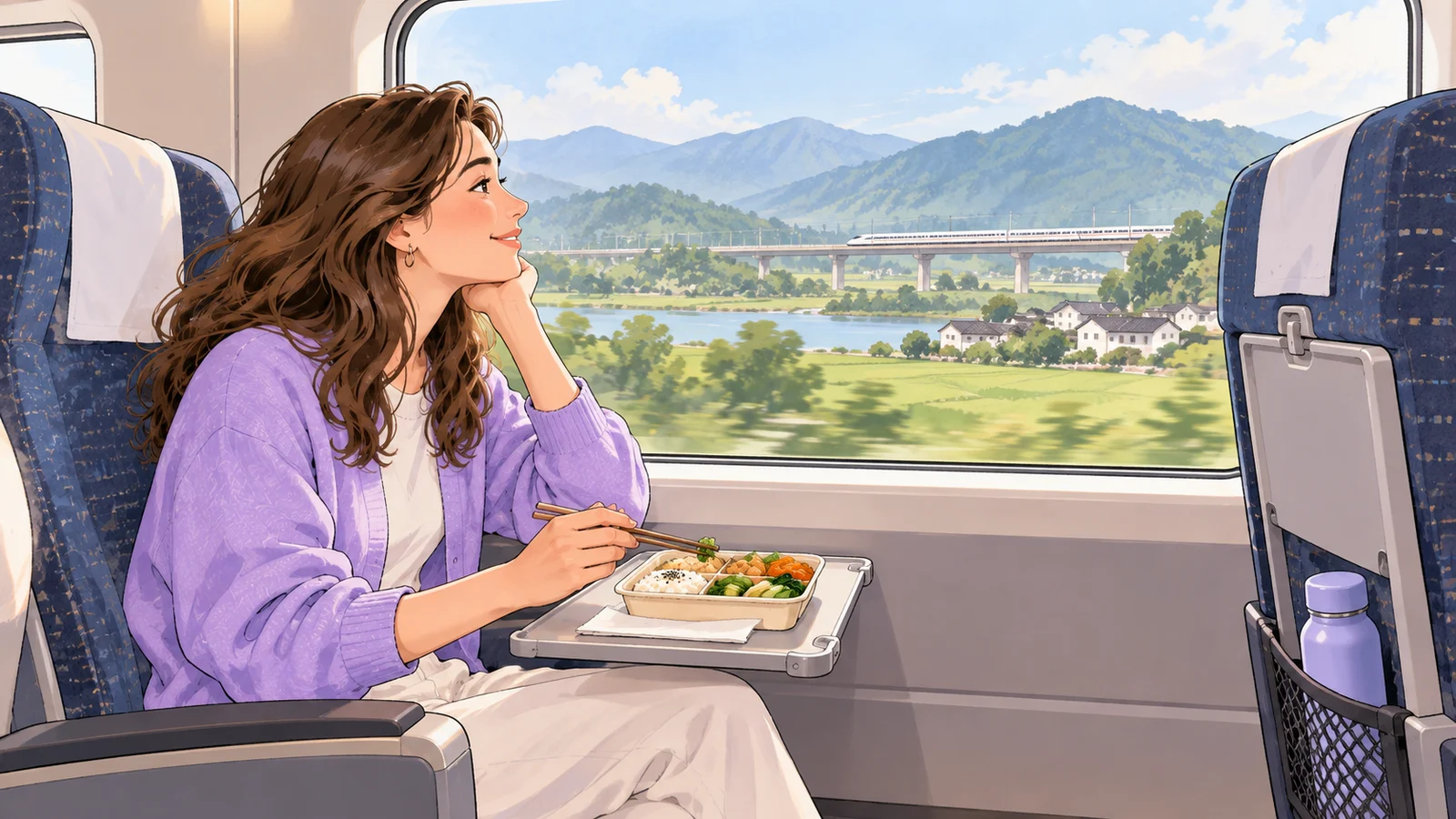 Illustration of an international traveler enjoying a takeaway meal beside a high-speed train window