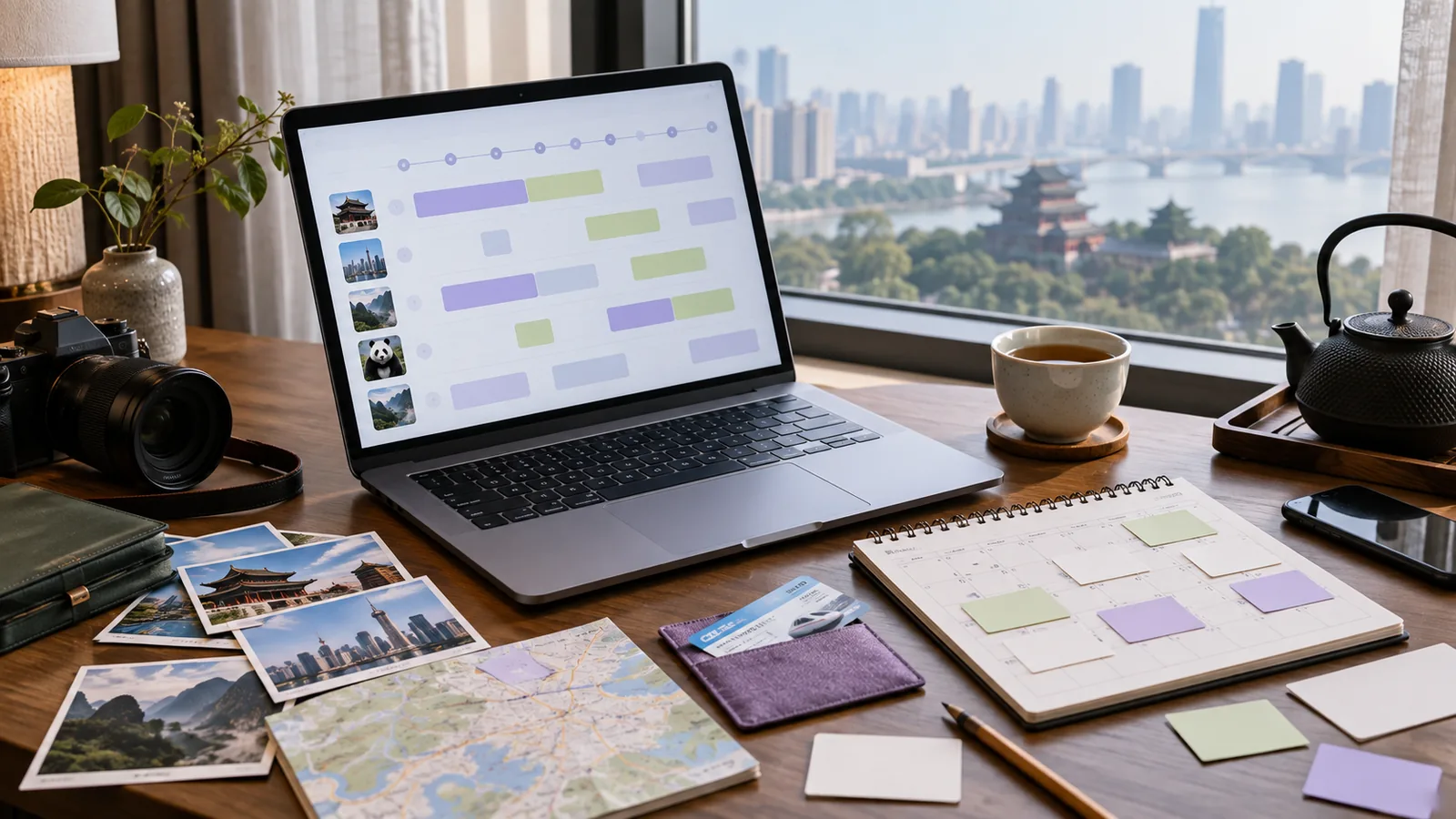 Laptop itinerary timeline, movable calendar cards and travel materials on a desk overlooking a Chinese city