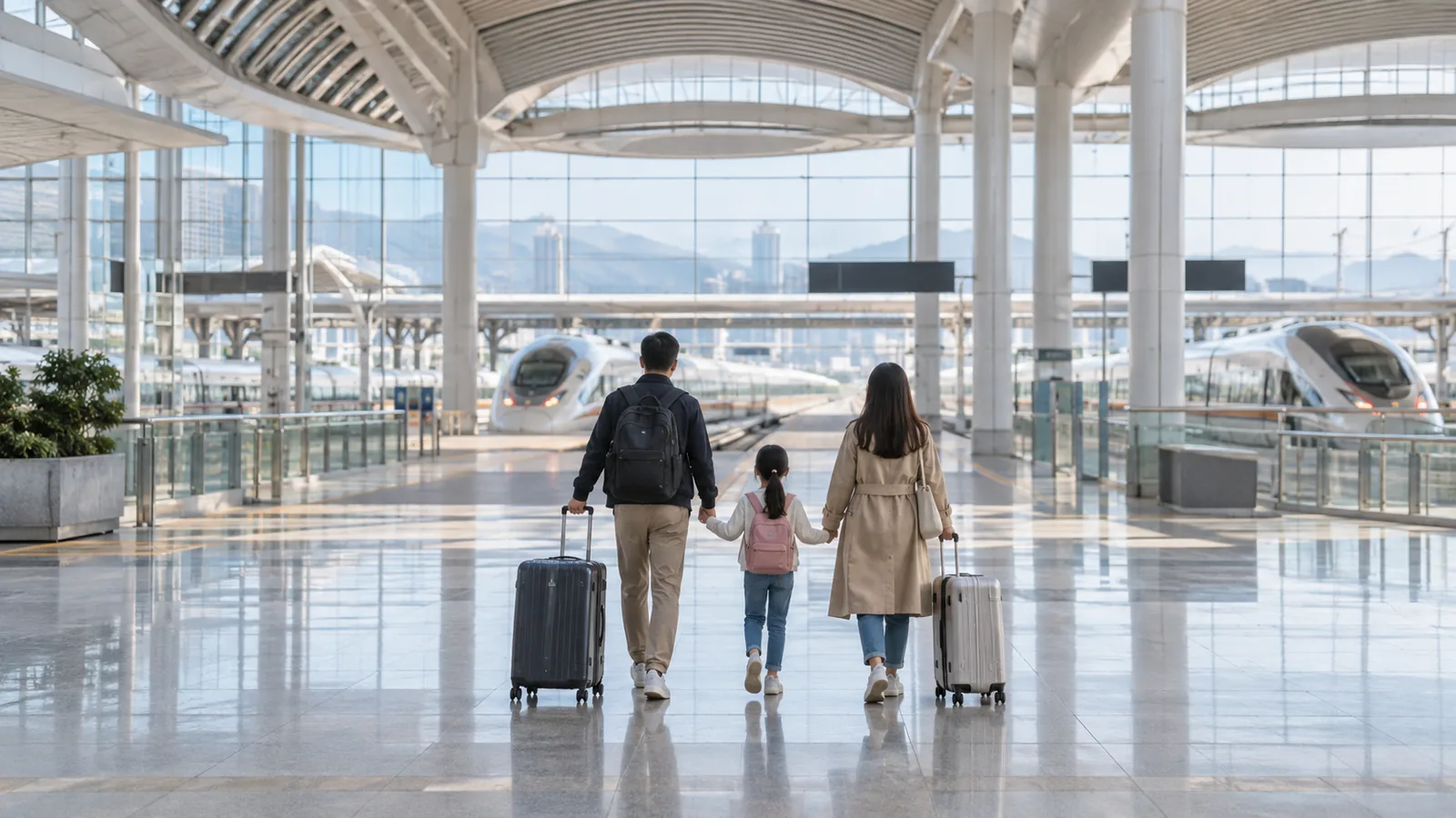 Parents and a school-age child walking with luggage through a modern Chinese railway station