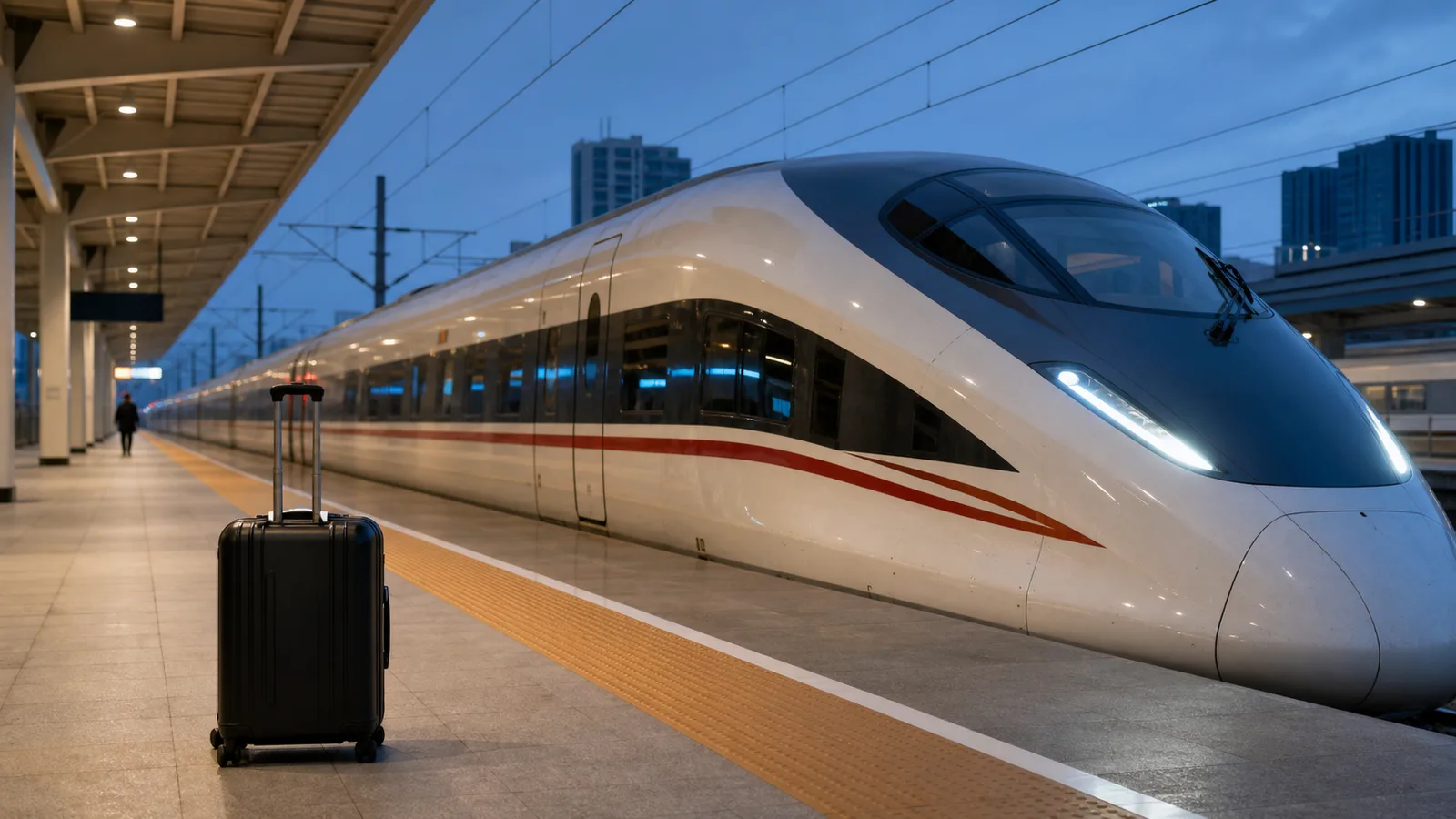 A black business suitcase beside a Fuxing high-speed train at a Chinese station in the evening