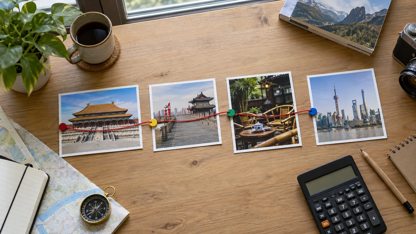 Four China destination photographs connected in a straight route on a realistic planning desk