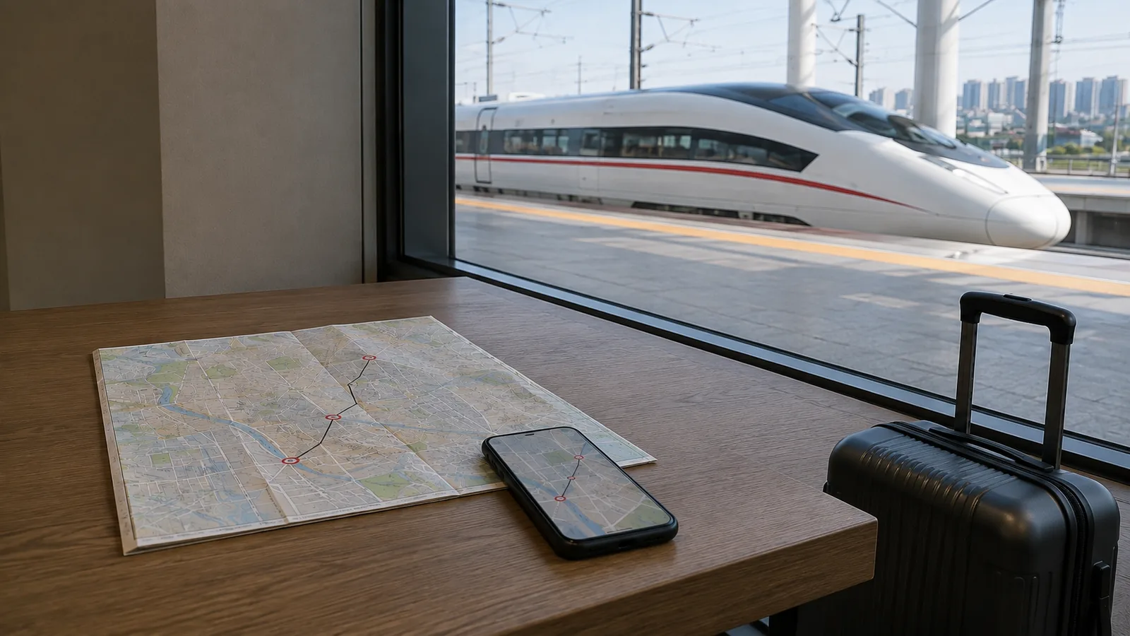 A paper route map and phone beside a suitcase overlooking a Chinese high-speed train