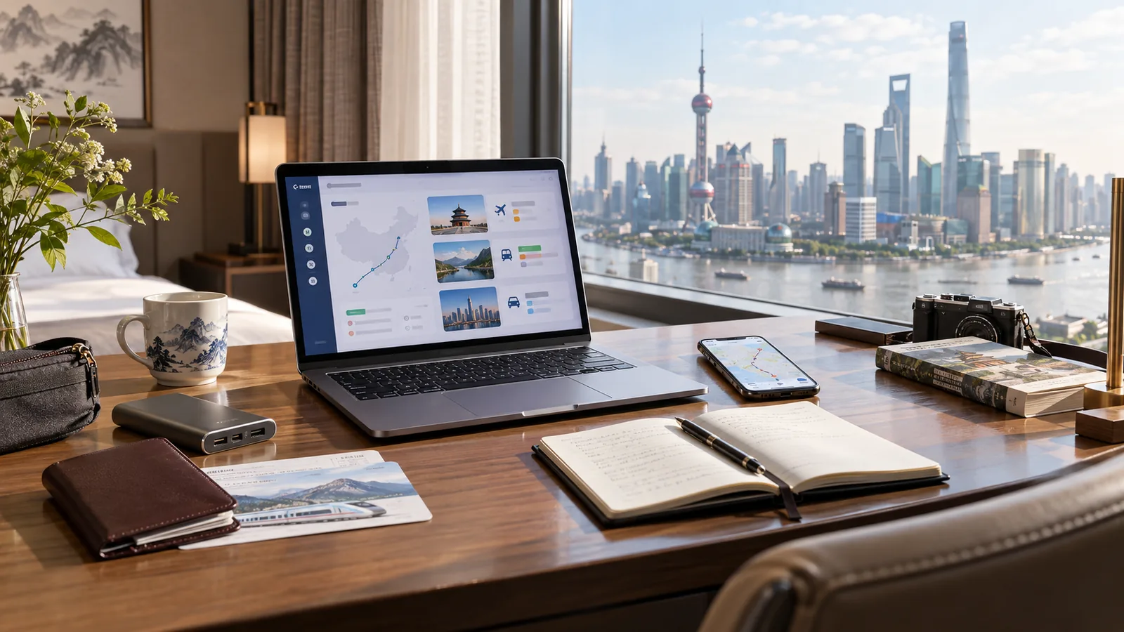 Laptop itinerary dashboard, phone and travel essentials on a hotel desk overlooking Shanghai