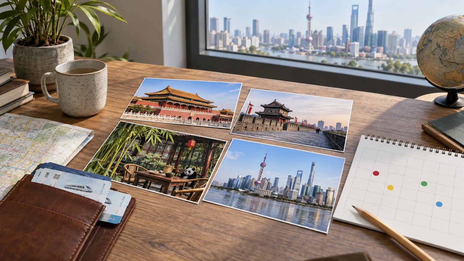 Four China destination photographs beside a calendar with colored day markers