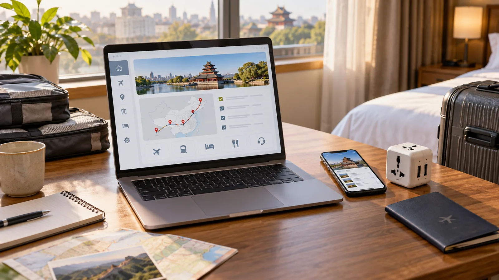 Laptop travel dashboard with phone, adapter, packing cubes and luggage