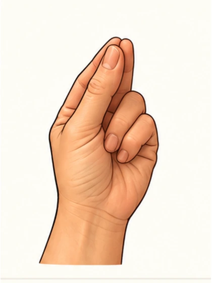 Thumb, index and middle fingertips together