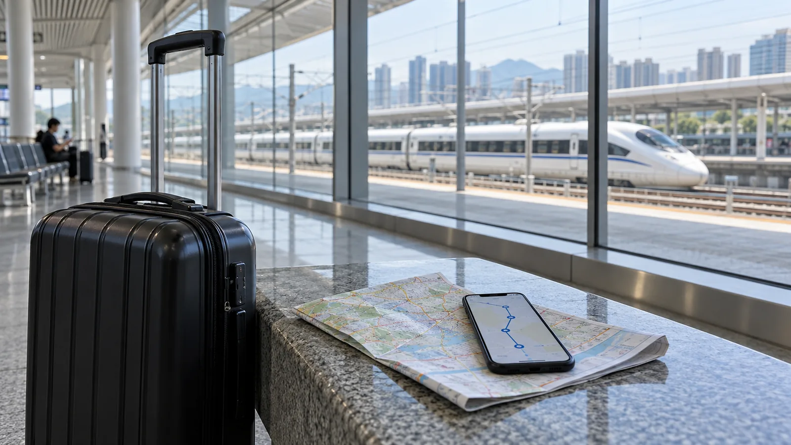Suitcase, route map and phone beside a high-speed train at a modern station