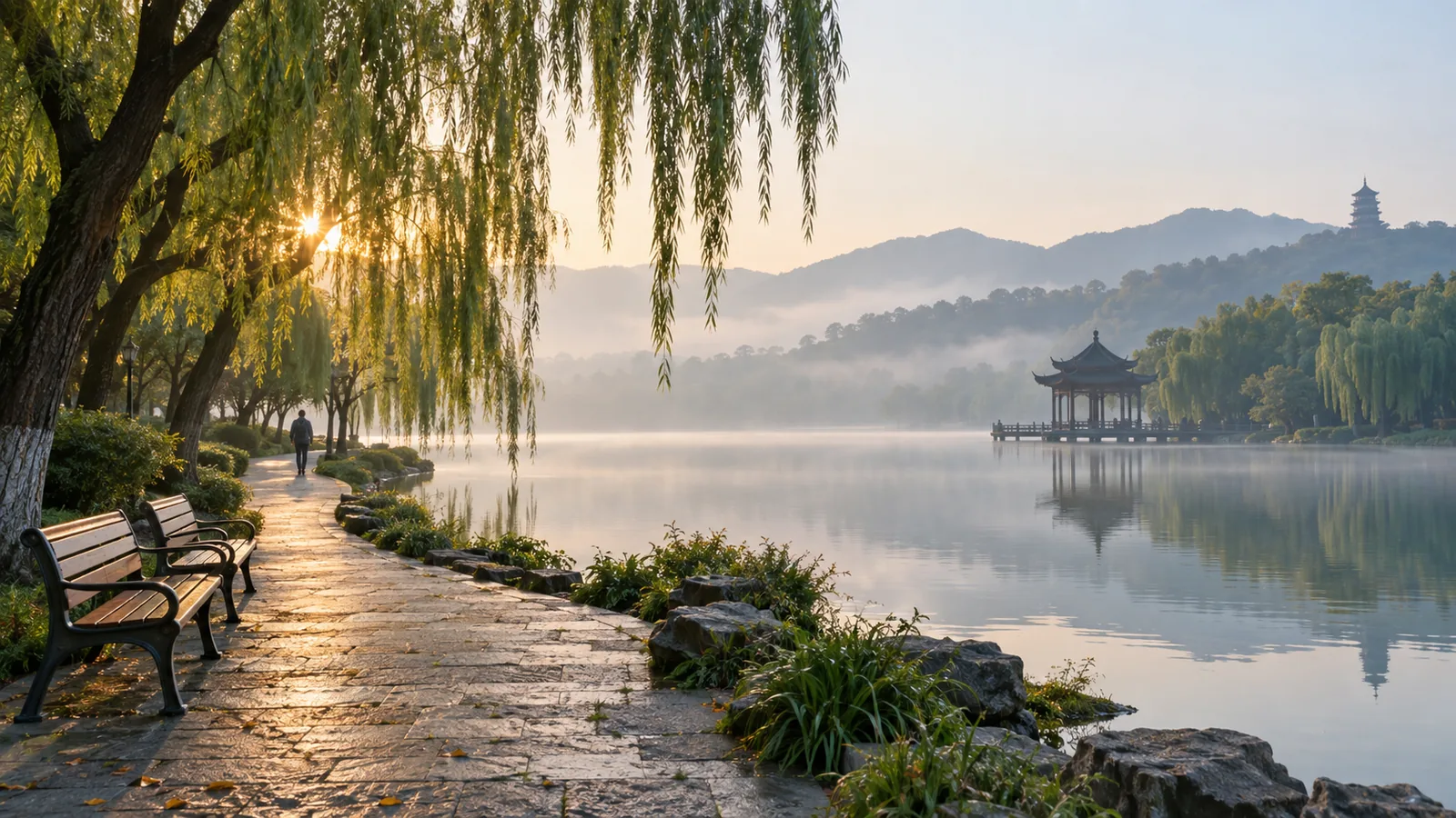 Quiet morning path, empty benches and still water at Hangzhou West Lake