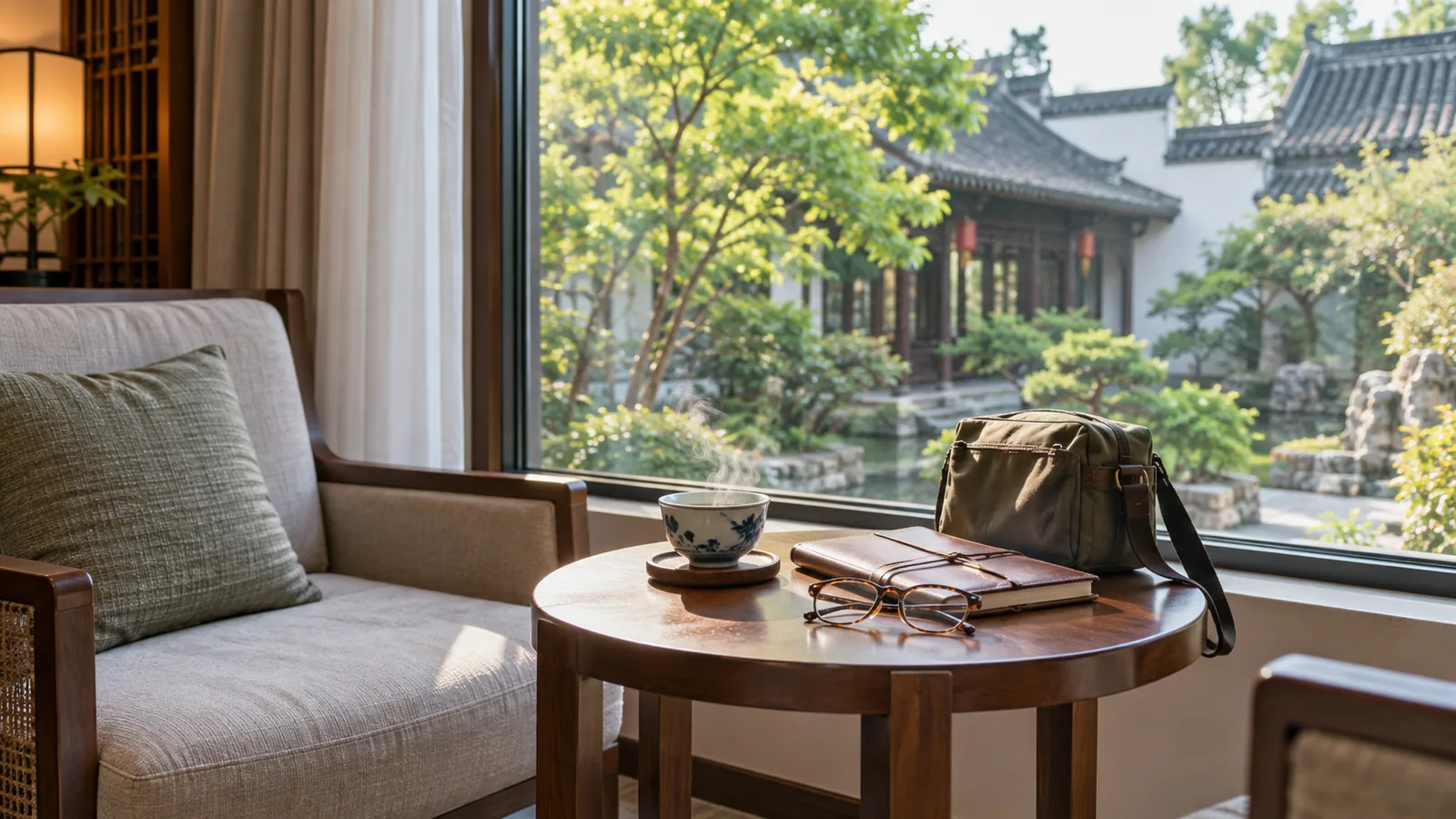 Tea, notebook and day bag in a quiet hotel lounge overlooking a Chinese courtyard