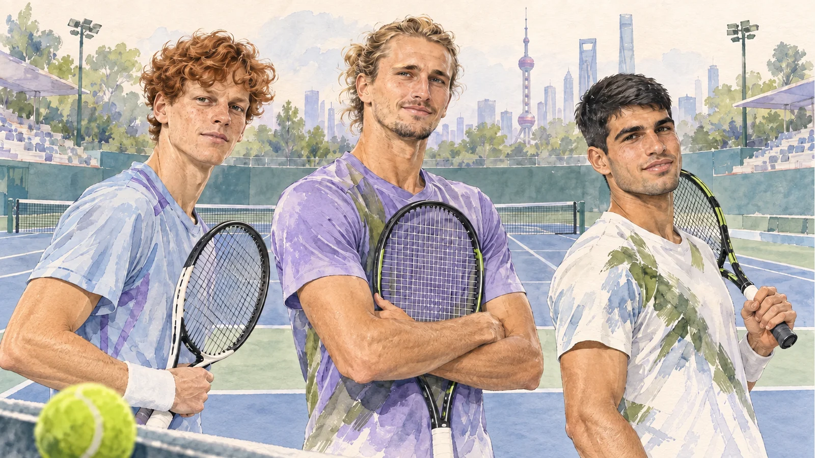 Watercolor editorial portraits of Sinner, Zverev and Alcaraz with a tennis court, rackets and ball.