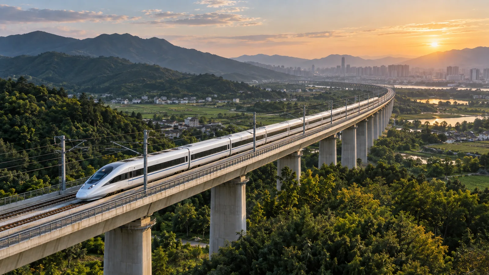 Chinese high-speed train crossing a countryside viaduct toward a distant city