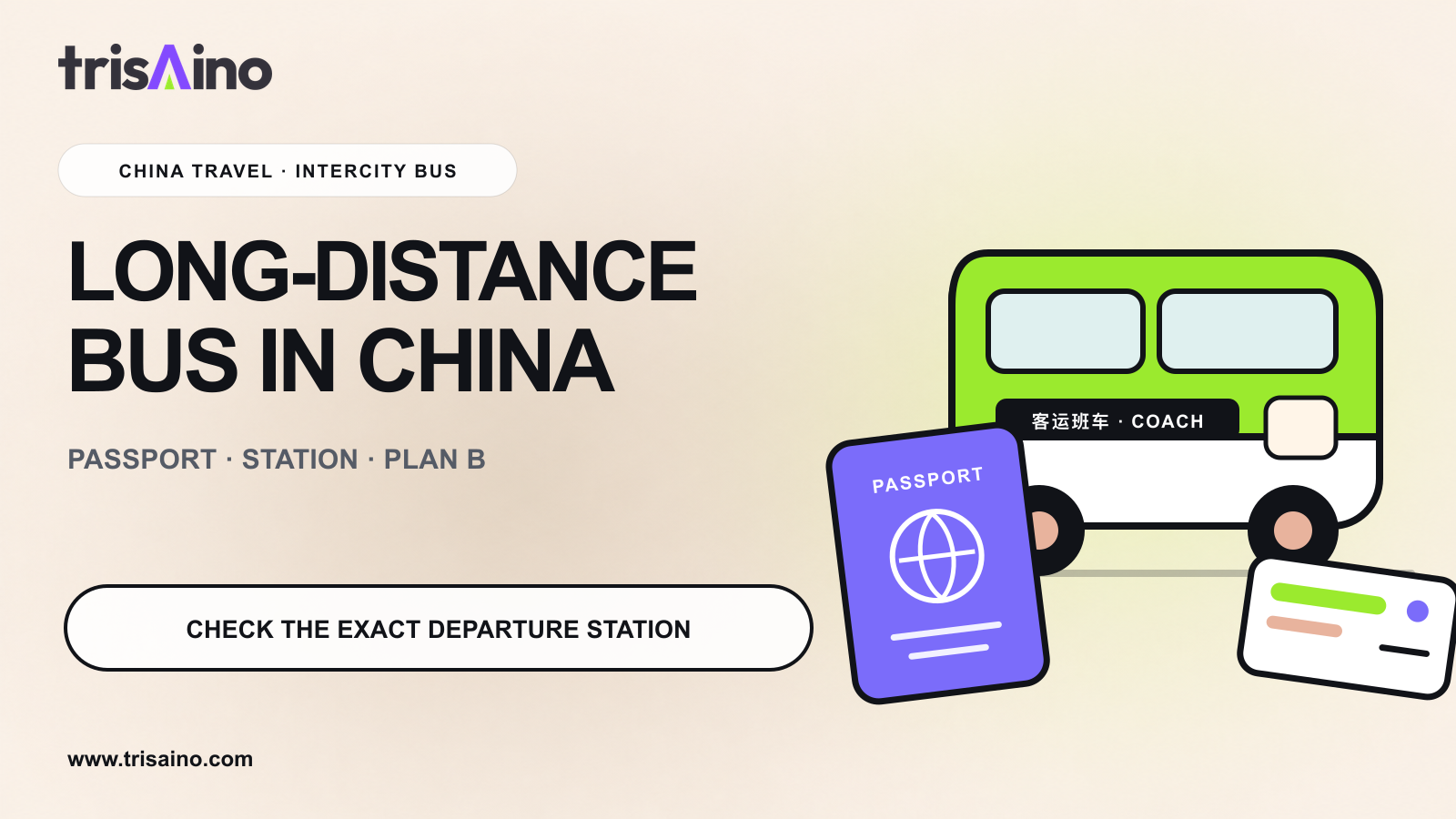 Coach, passport and station-sign illustration for foreign tourists taking long-distance buses in China