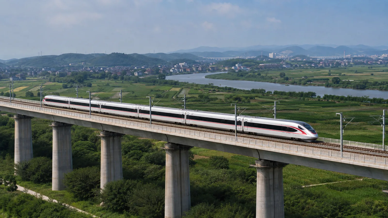 A Fuxing high-speed train crossing the Chinese countryside on an elevated railway