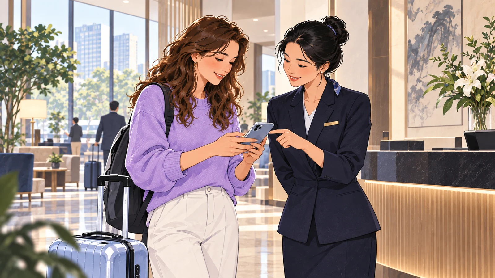 Illustration of an international traveler and a Chinese hotel staff member checking a phone together before departure.