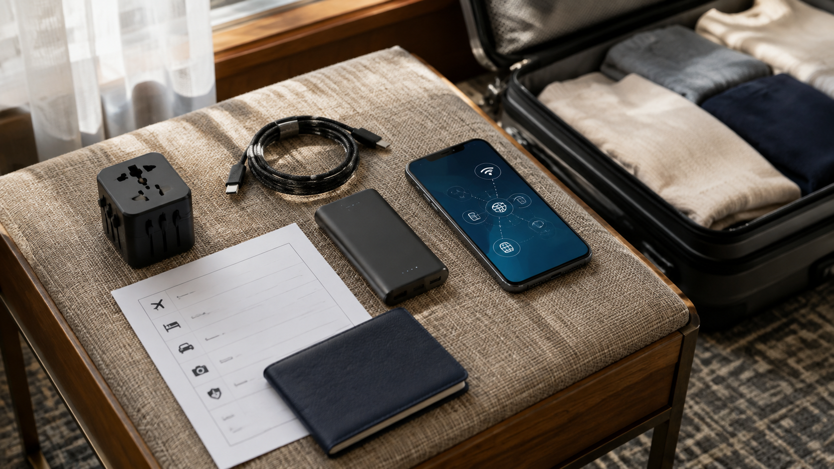 Travel connectivity and charging items organized beside an open suitcase