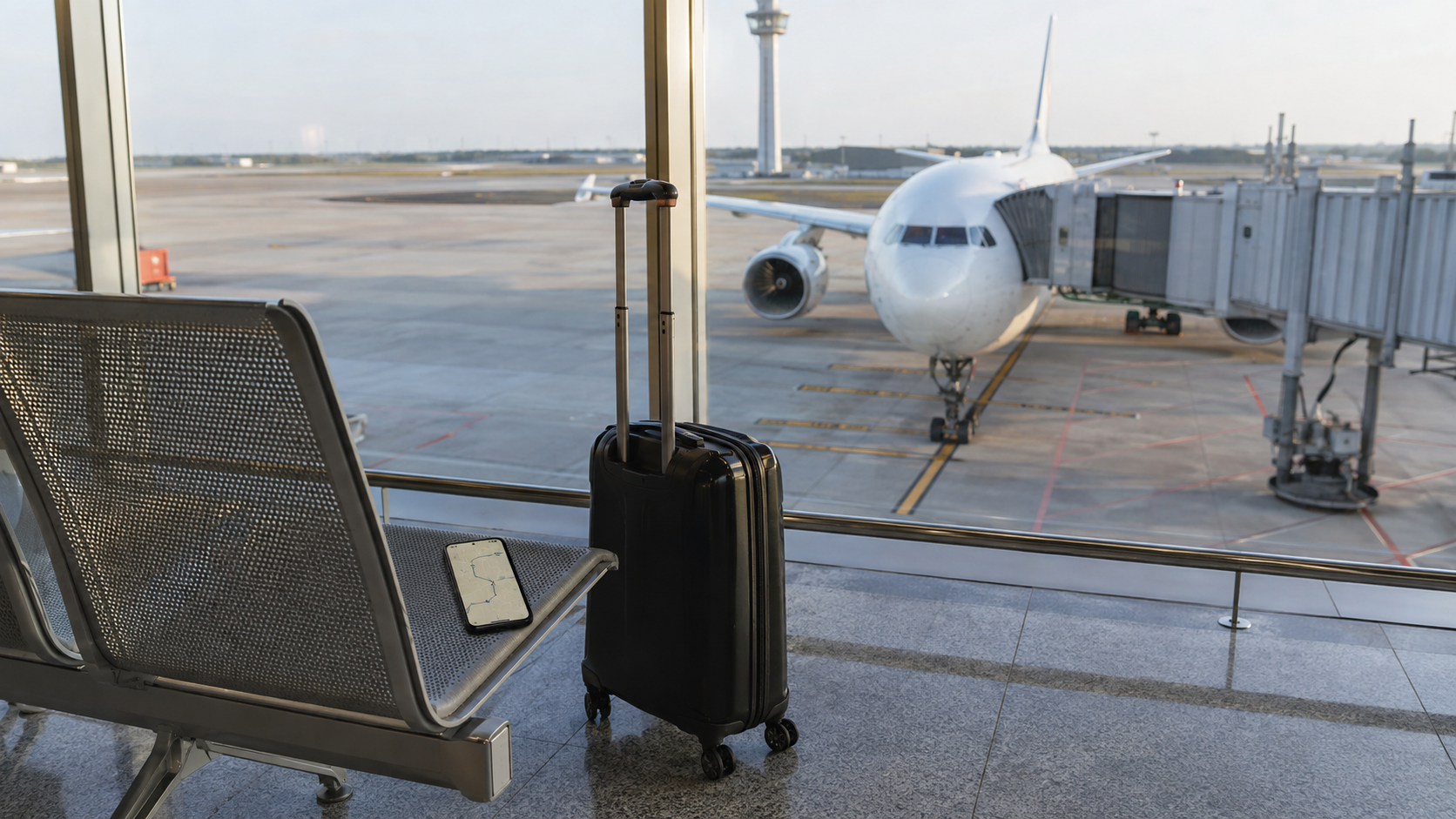 Carry-on luggage beside an airport gate seat with a passenger aircraft outside