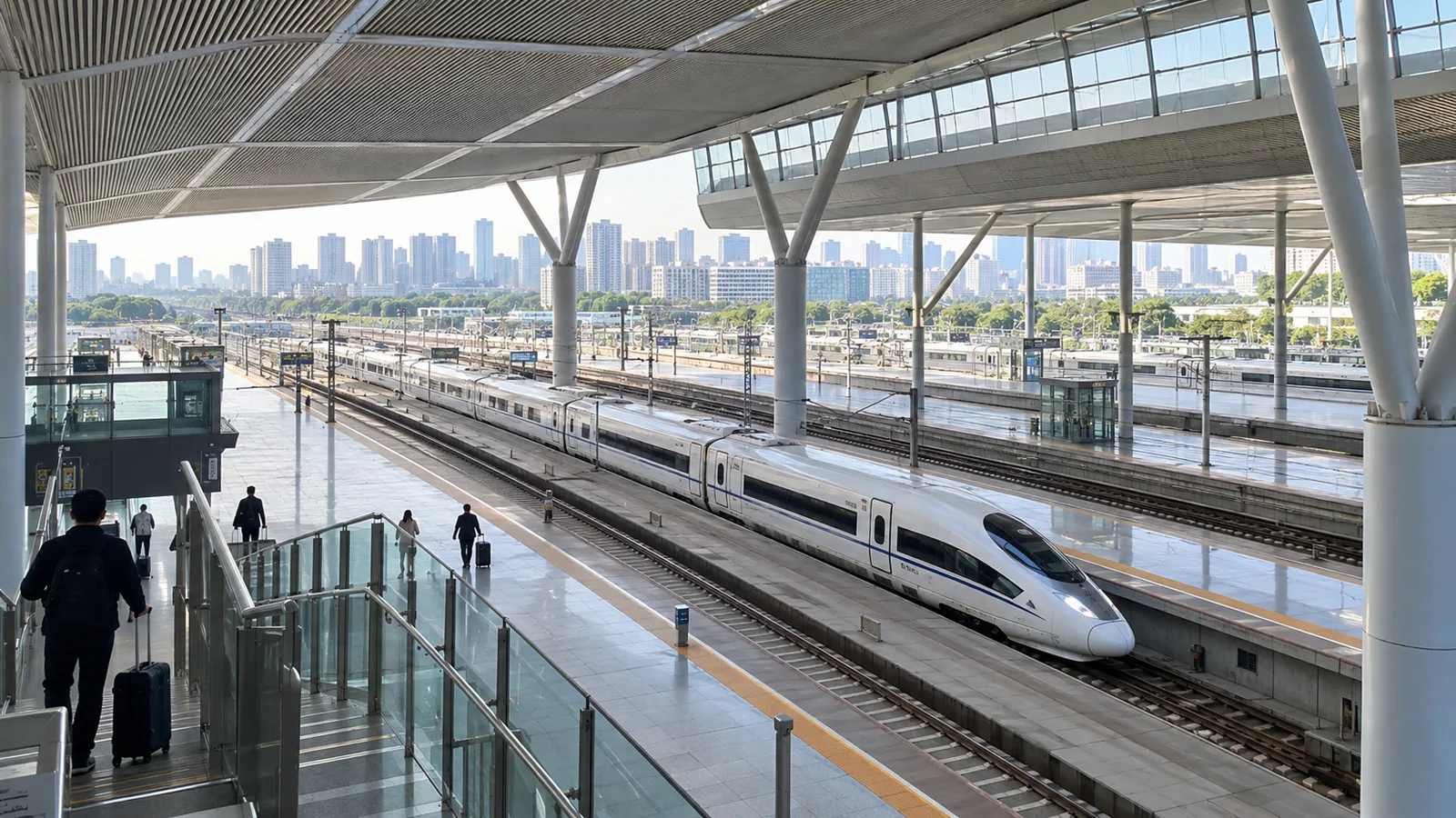Modern Chinese high-speed trains and platforms viewed from an elevated station concourse