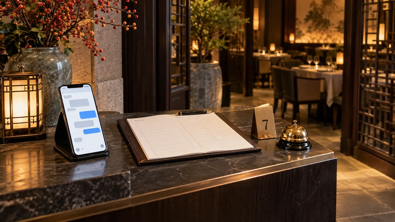 Smartphone chat, reservation book and service bell at a quiet Chinese restaurant entrance