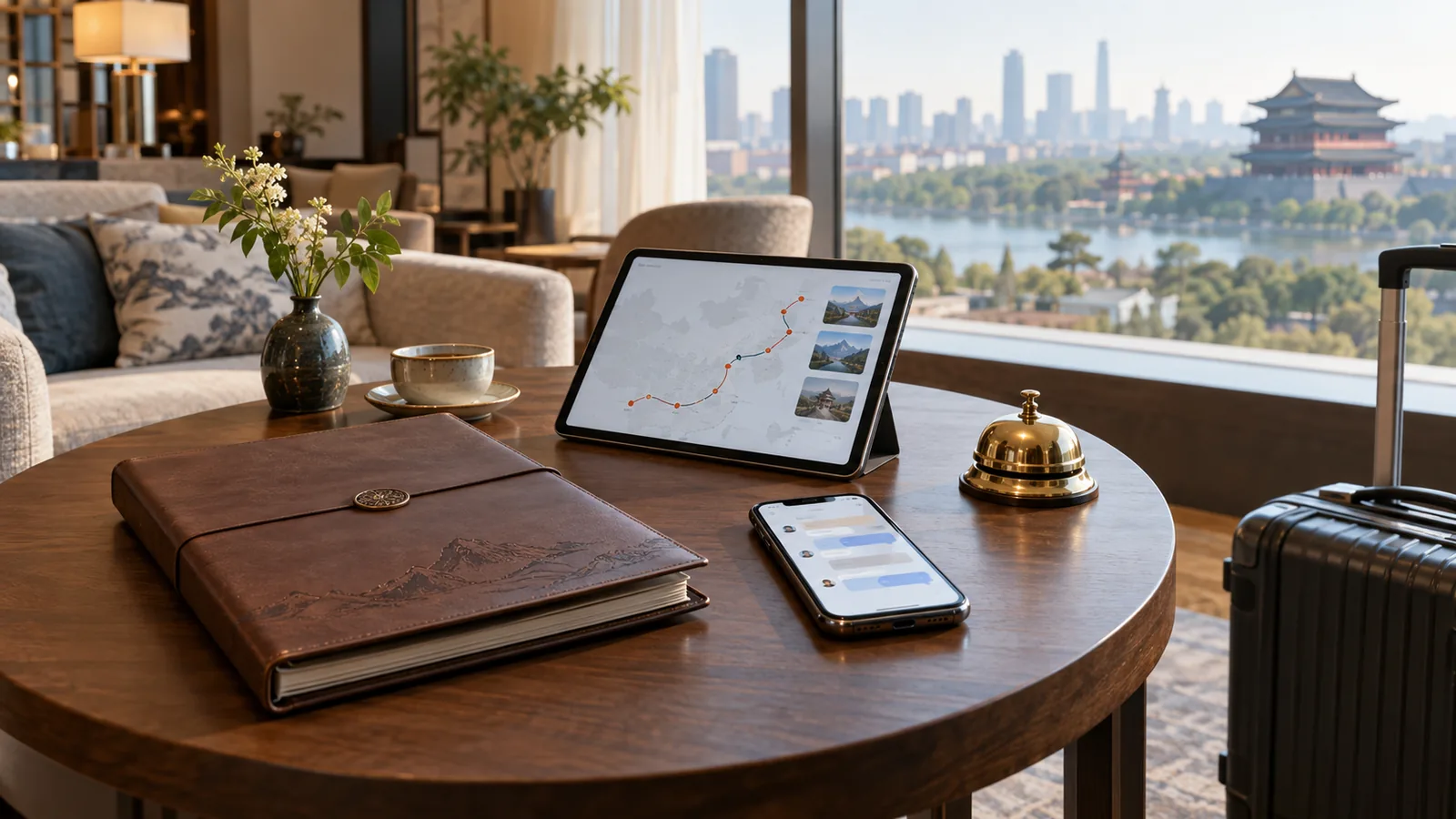 Travel folder, route planner, phone and concierge bell on a hotel lounge table