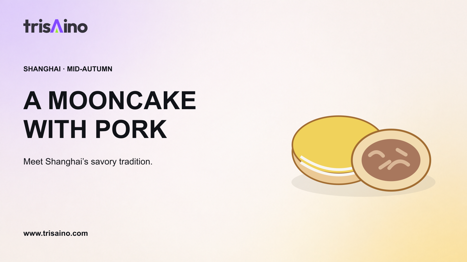 Stylized whole and cut-open pork mooncakes beside a Shanghai Mid-Autumn headline
