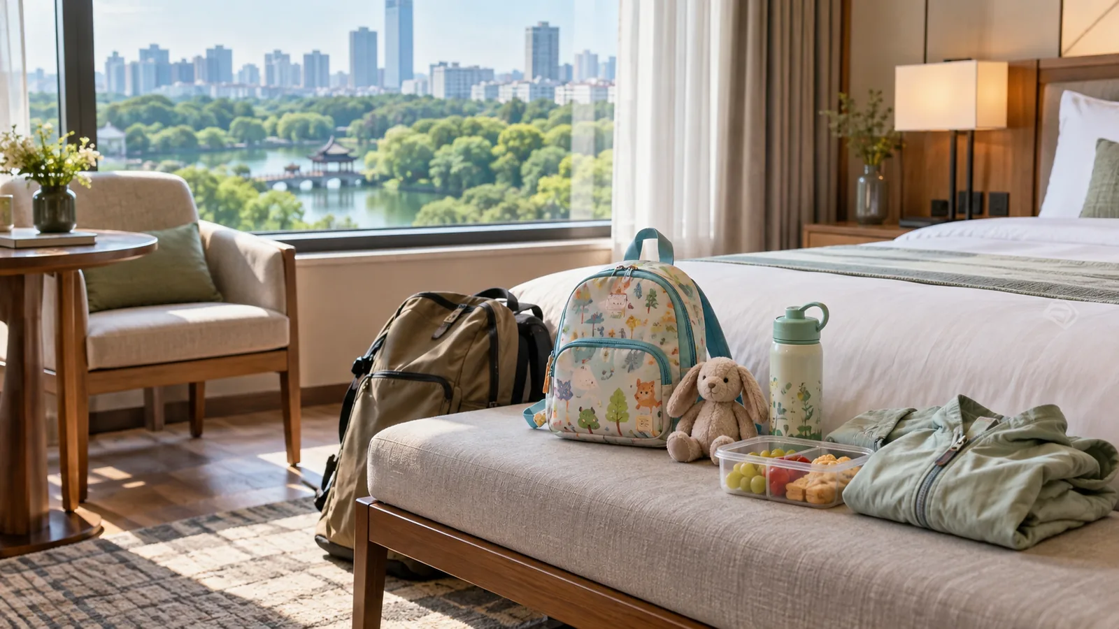 Child backpack, water bottle, snack box and light jacket prepared in a bright hotel room