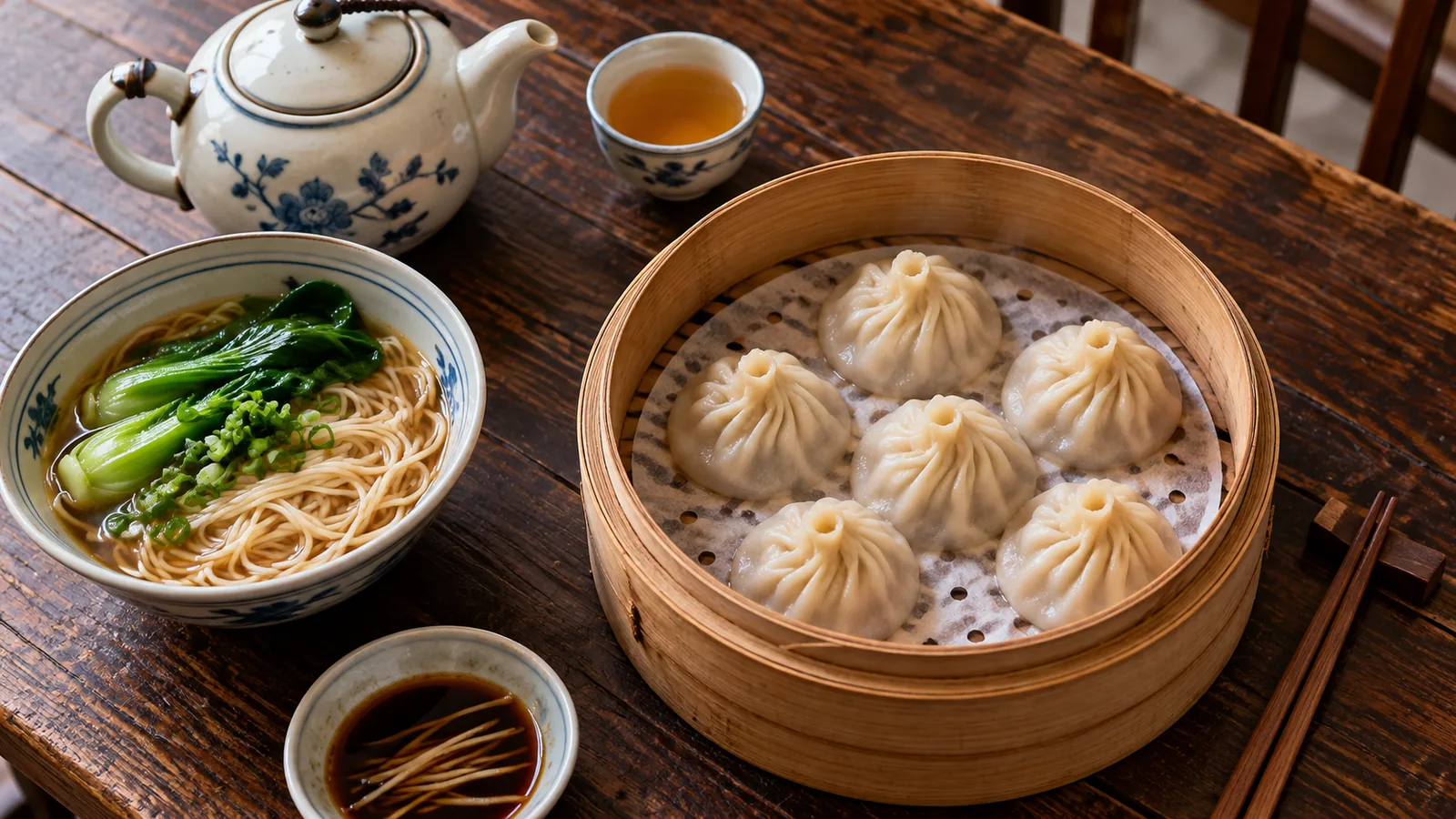 Steamed dumplings, a bowl of noodles with greens and tea on a wooden restaurant table