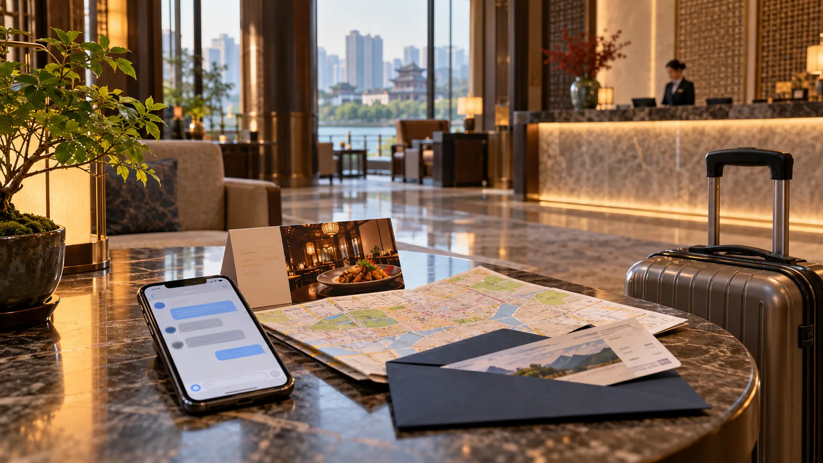 Phone, city map, restaurant card and travel documents on a hotel lobby table beside luggage