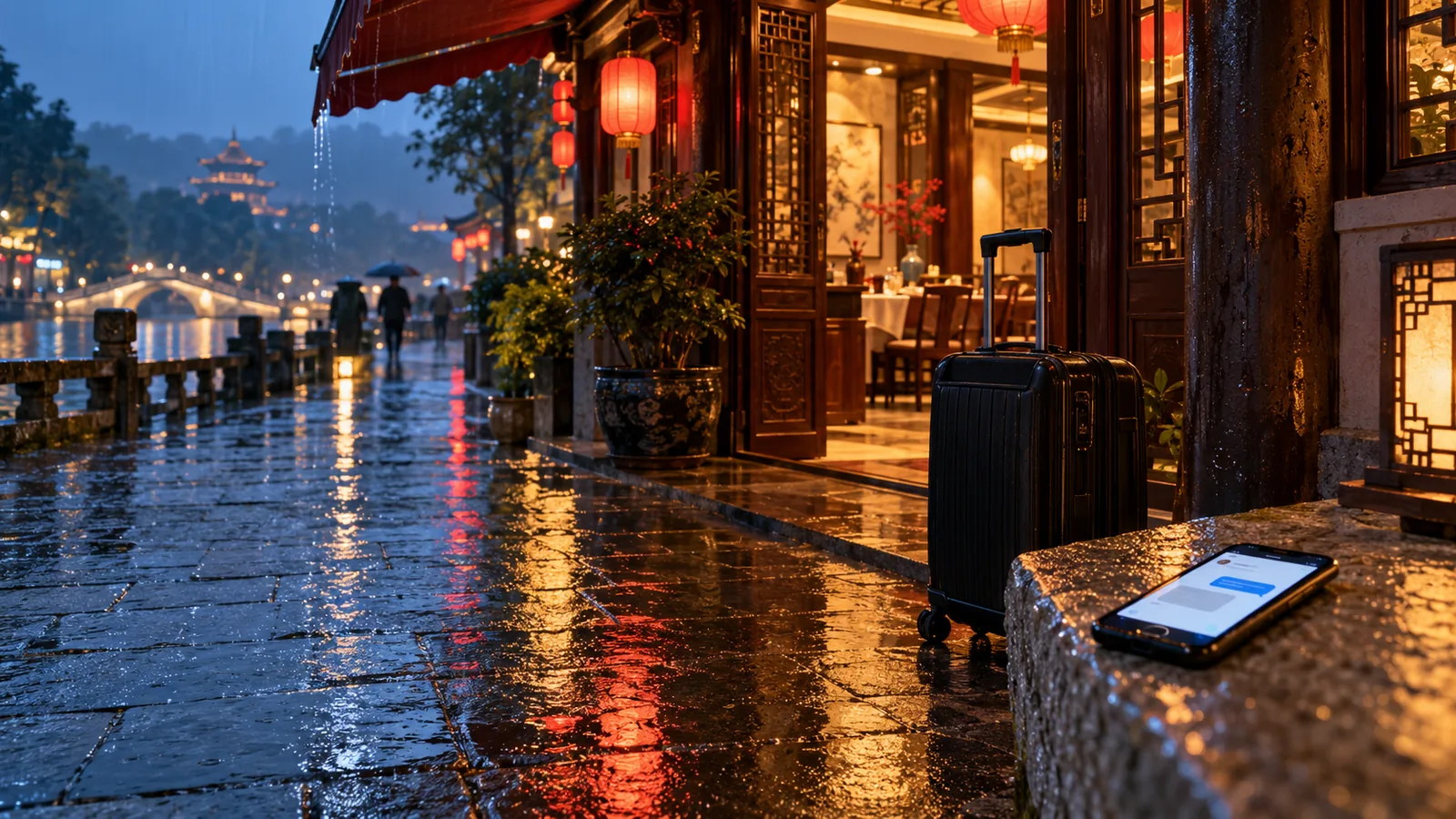 Suitcase and smartphone with a support chat outside a Chinese restaurant on a rainy evening