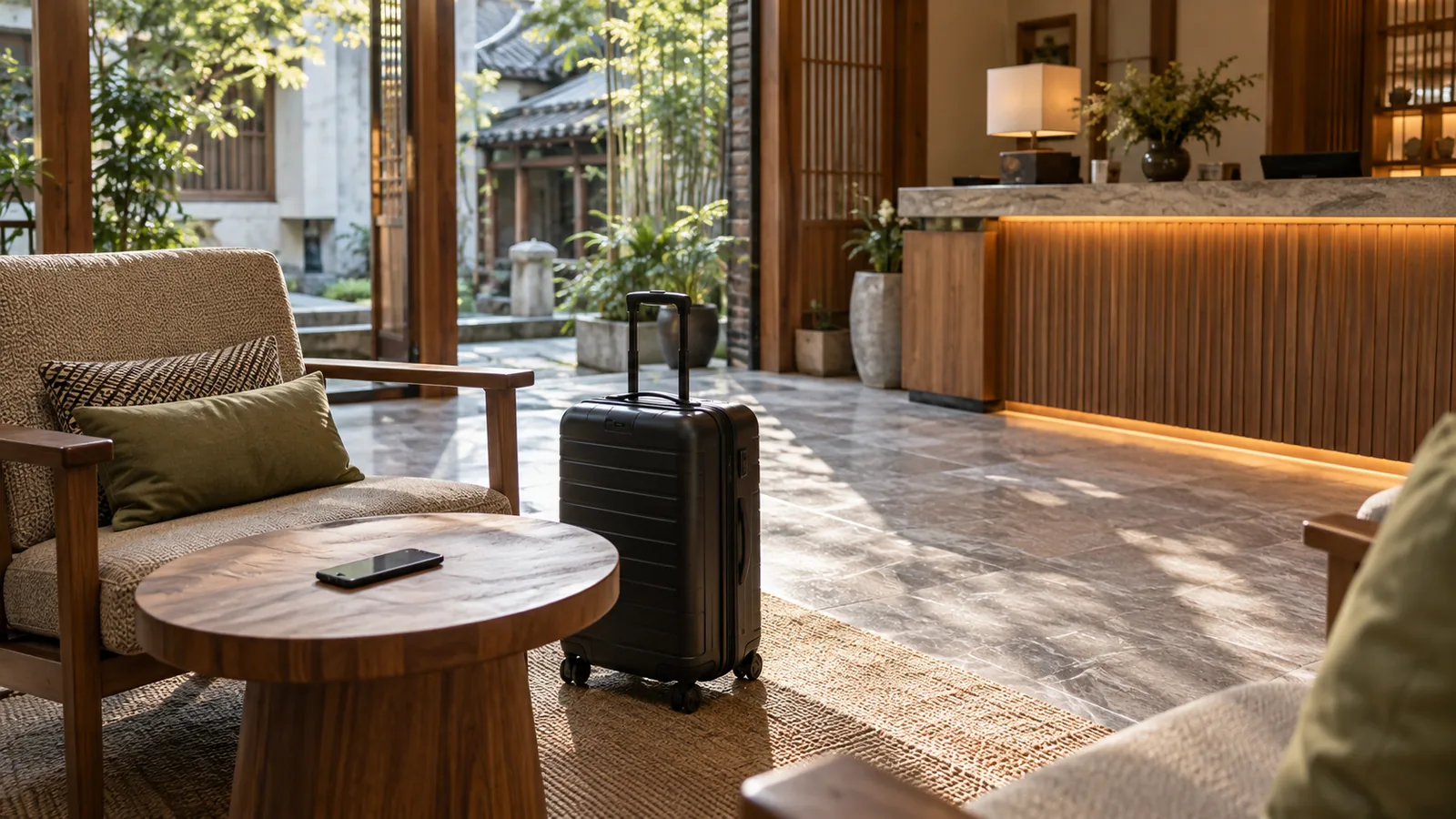 An empty hotel lounge with a carry-on suitcase beside a chair and a phone on a wooden side table